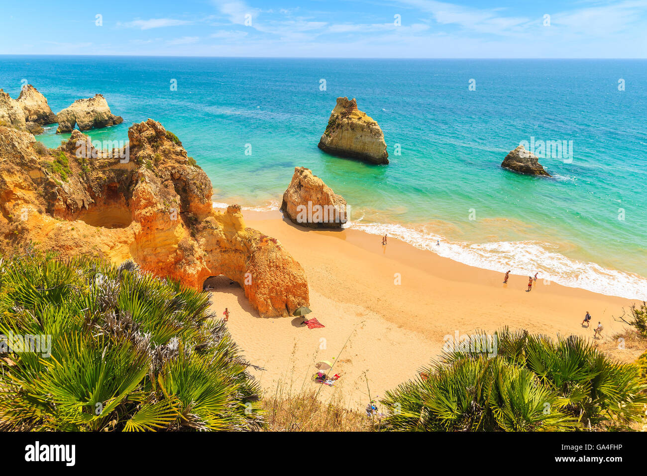 View of rocks on beautiful Alvor beach, Algarve region, Portugal Stock