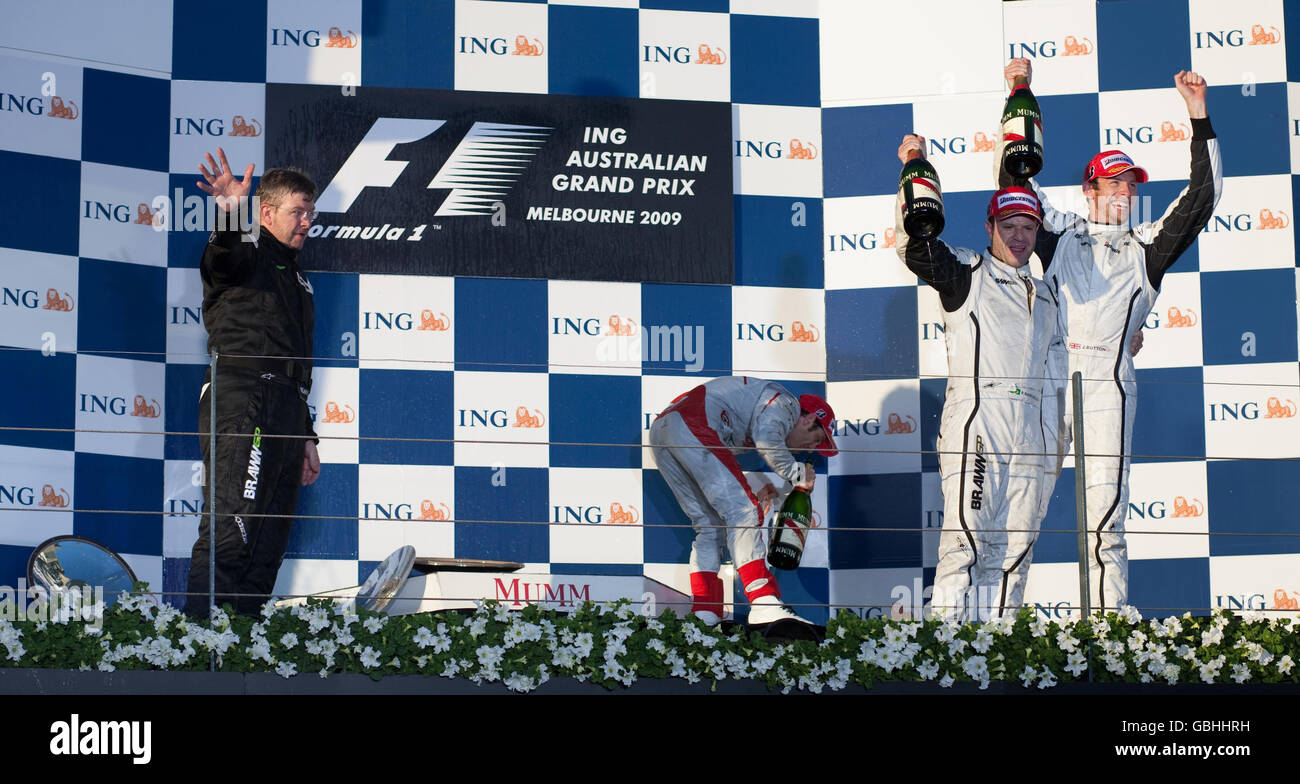 Brawn Gp S Jenson Button Right Celebrates Winning The Australian