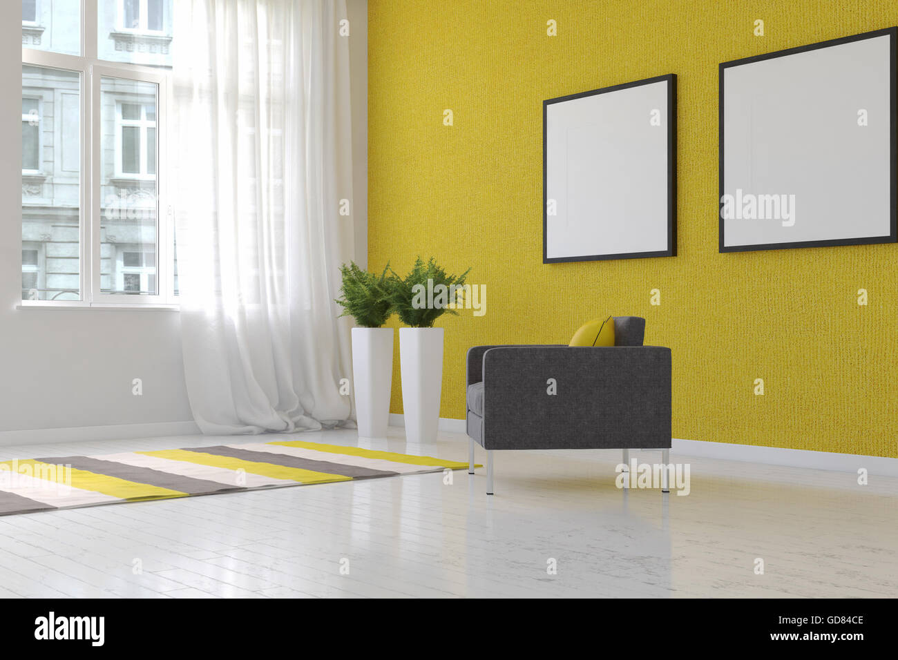 3D Rendering Of Airy Living Room Scene Textured Yellow Wallpaper
