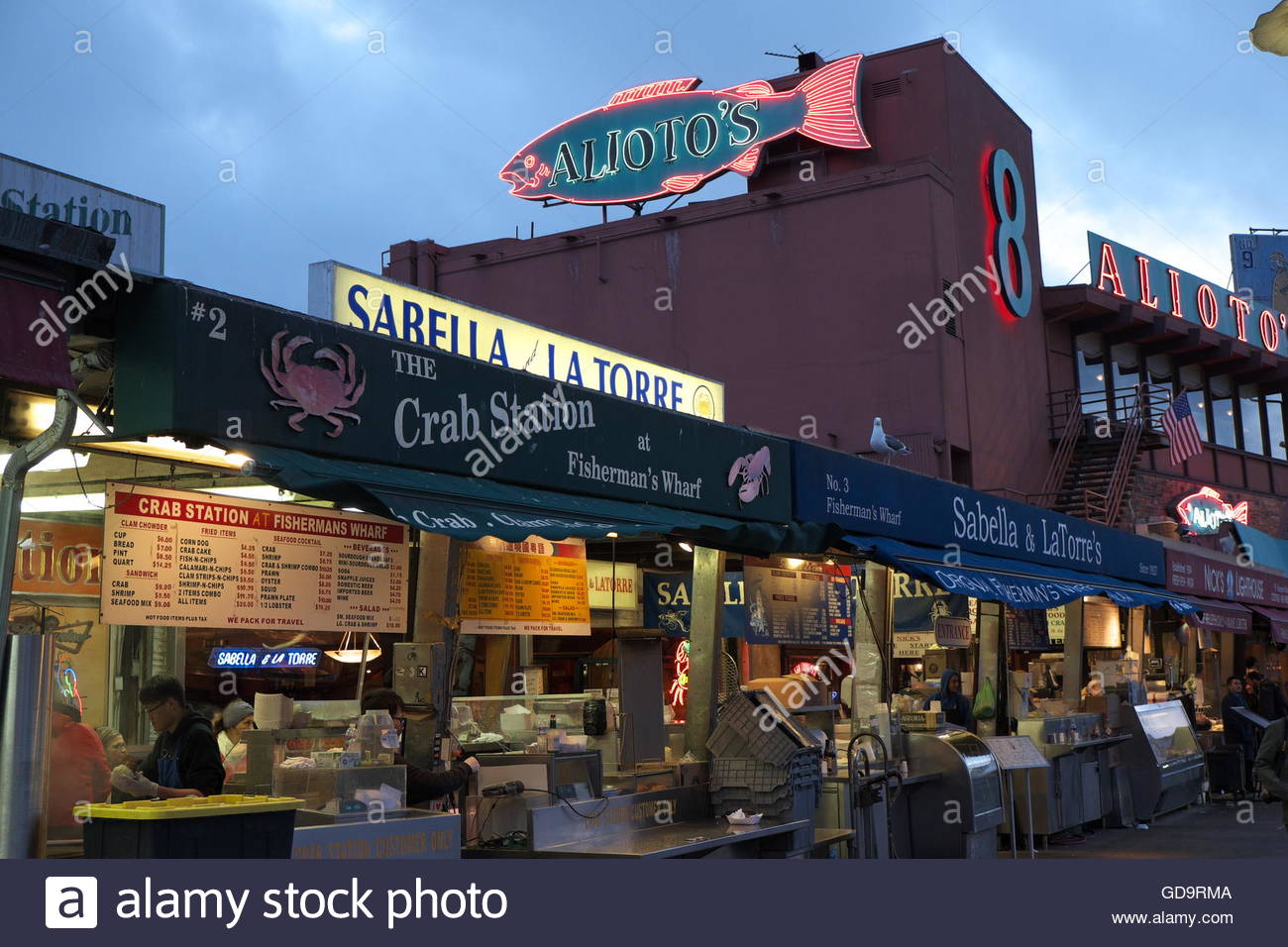 USA, California, San Francisco, Fisherman's wharf restaurants at dusk