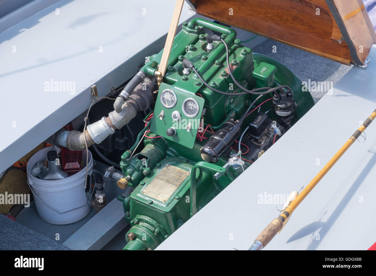Detail view of a Universal Blue Jacket Twin inboard marine motor Stock Photo, Royalty Free Image