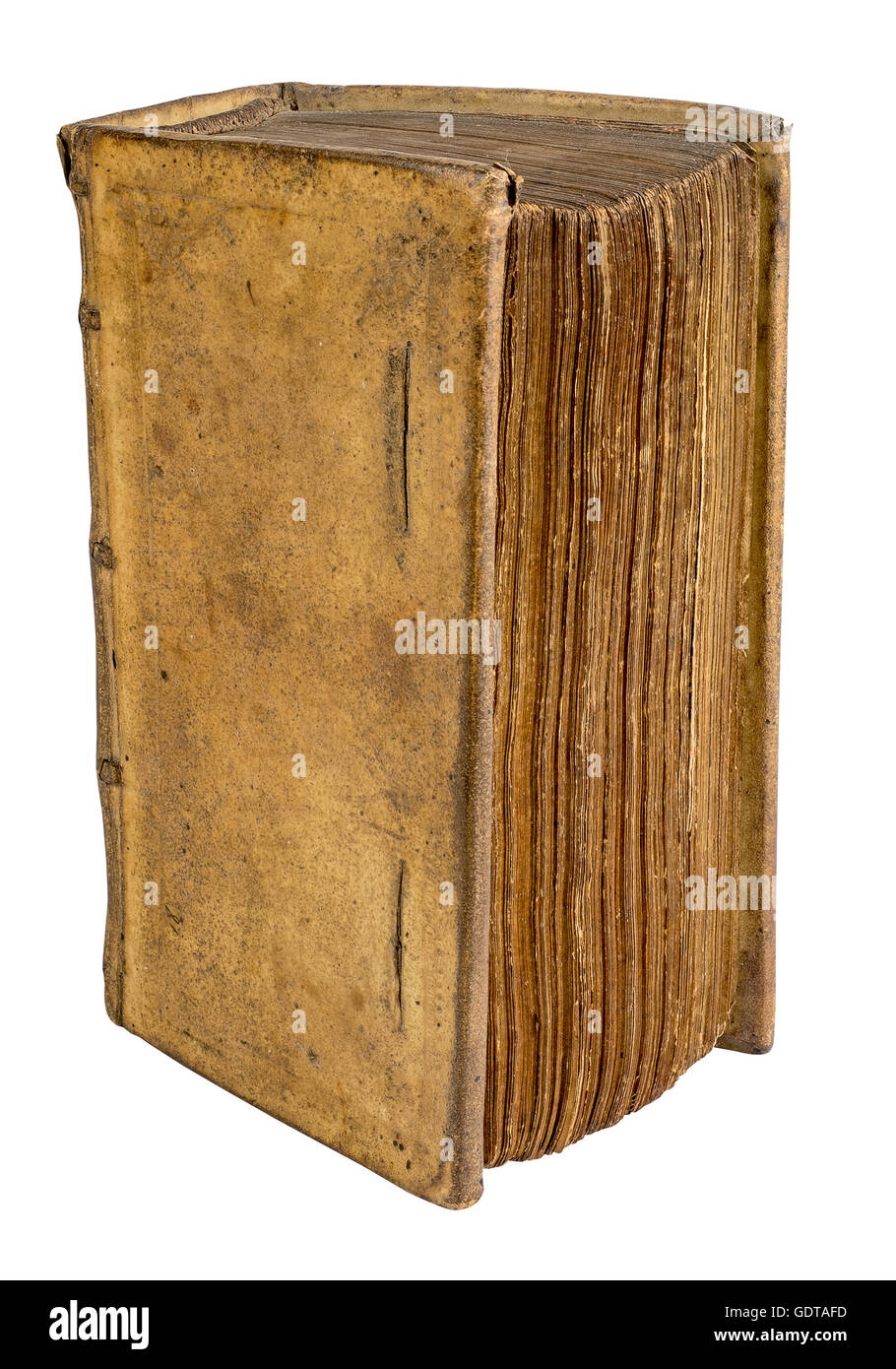 Very old ancient book bound in leather isolated on white background