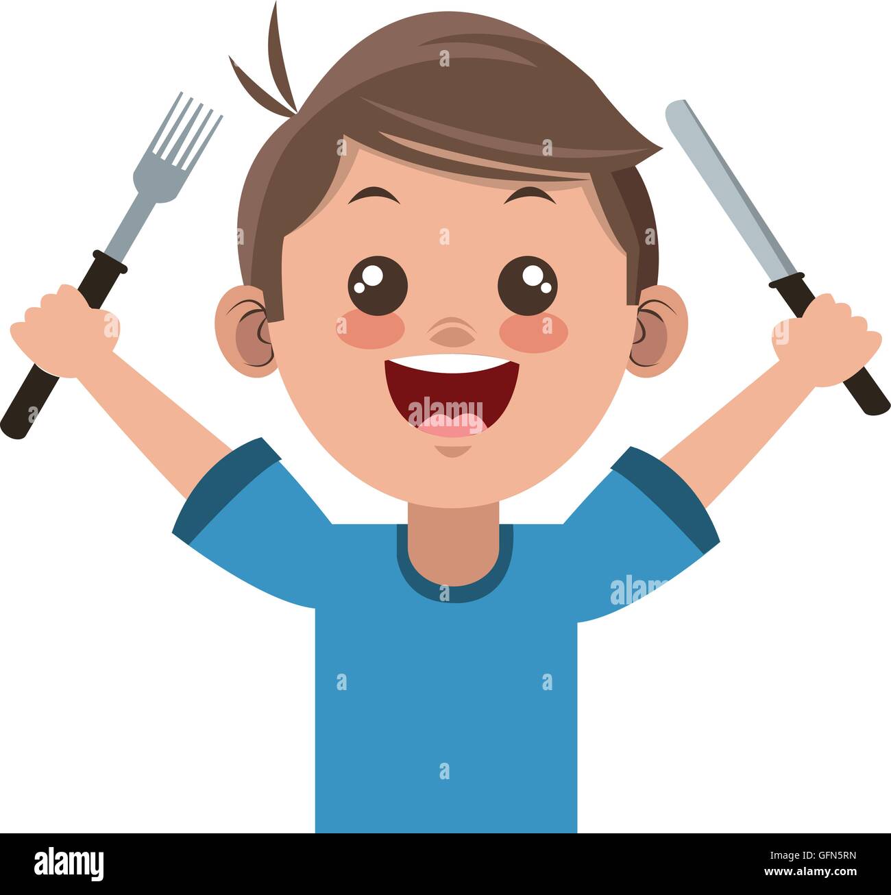 happy boy cartoon holding fork and knife icon Stock Vector ...
