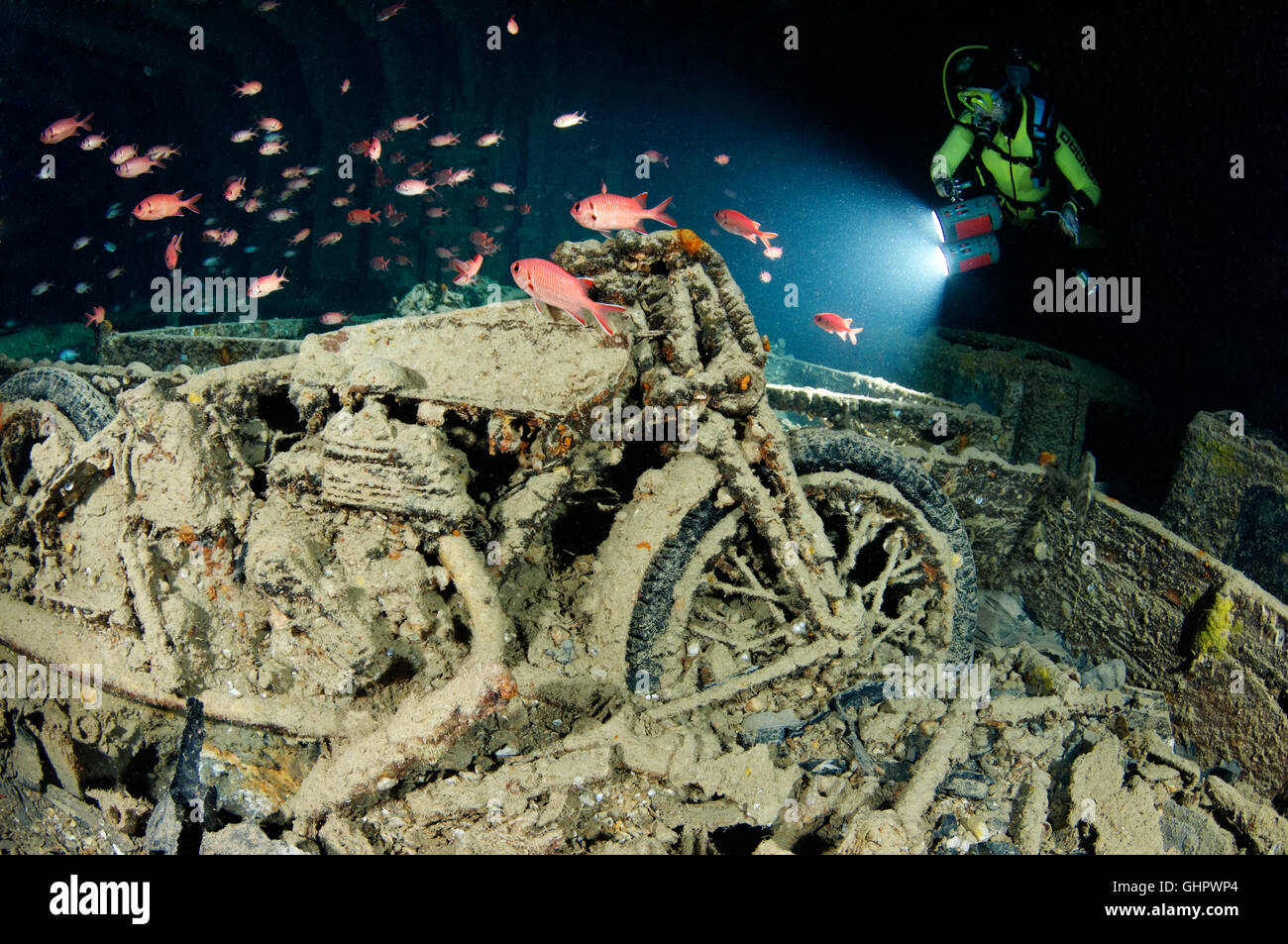 Shipwreck SS Thistlegorm, scuba diver inside Ship wreck by the Stock