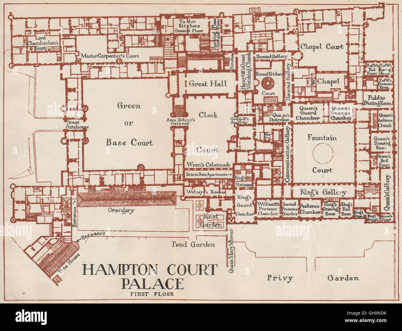 HAMPTON COURT PALACE. Vintage plan. First floor. London