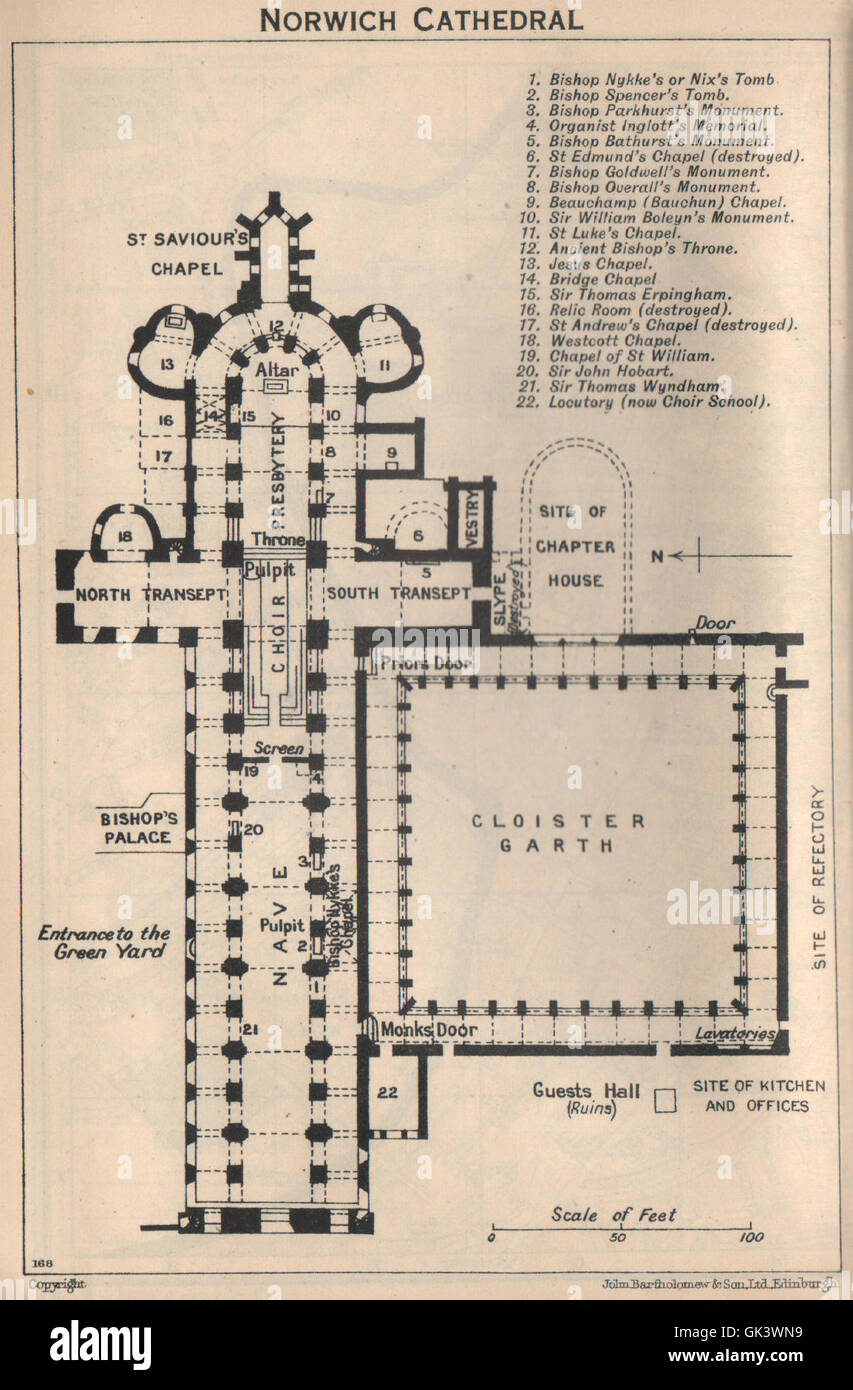 Norwich cathedral floor plan. Norfolk, 1939 vintage map Stock Photo, Royalty Free Image