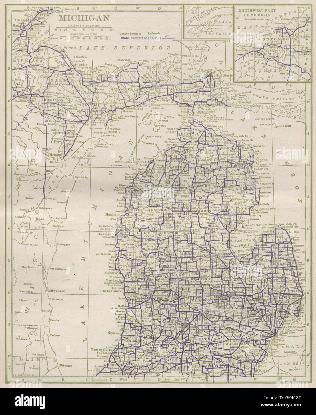 Michigan State Highways POATES 1925 Vintage Map Stock Photo Alamy