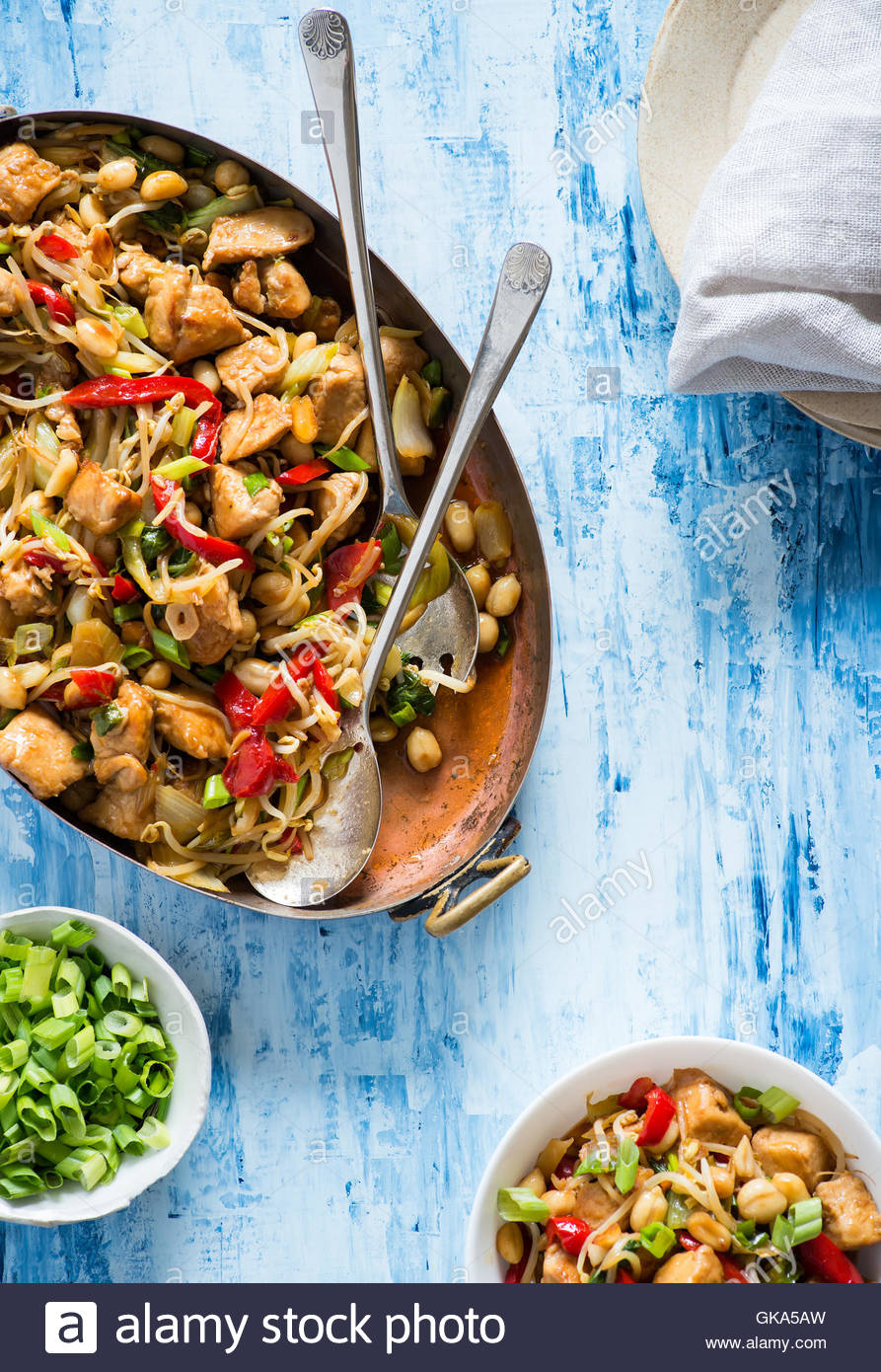 Chicken stir fry with bell peppers, bean sprouts and bok choy in Stock