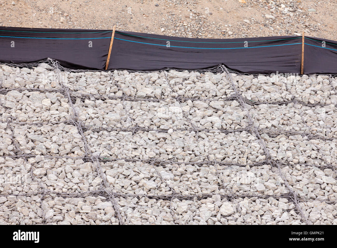 Gravel wire mesh bank revetment erosion control Stock Photo, Royalty