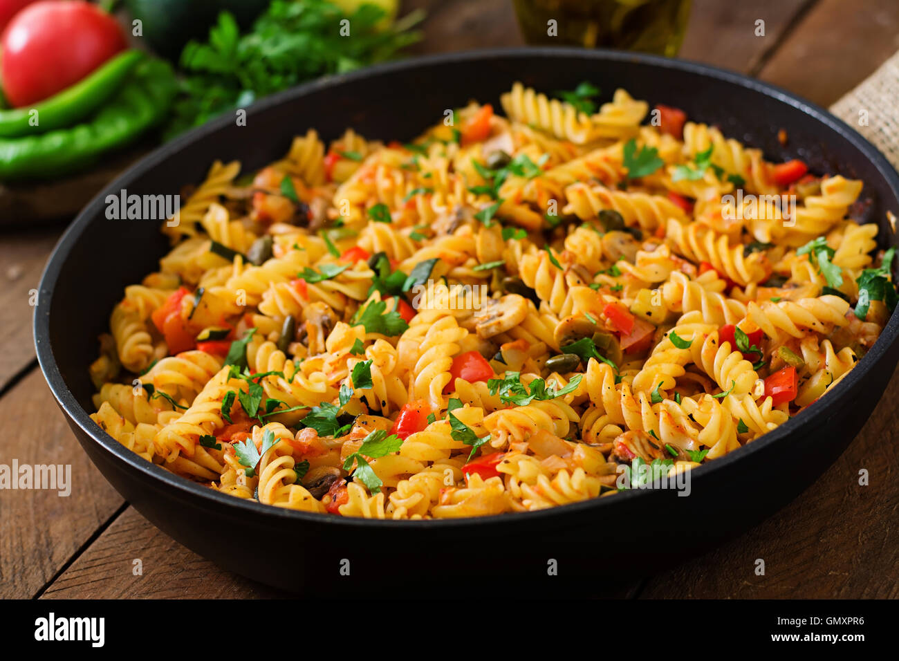 Vegetarian Vegetable pasta Fusilli with zucchini, mushrooms and Stock