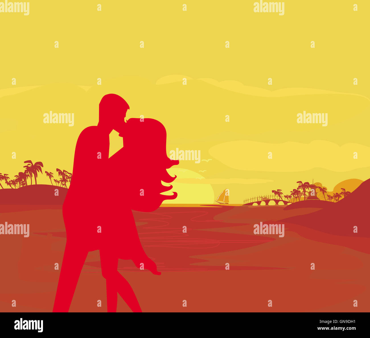 stock photo silhouette couple kissing on tropical beach