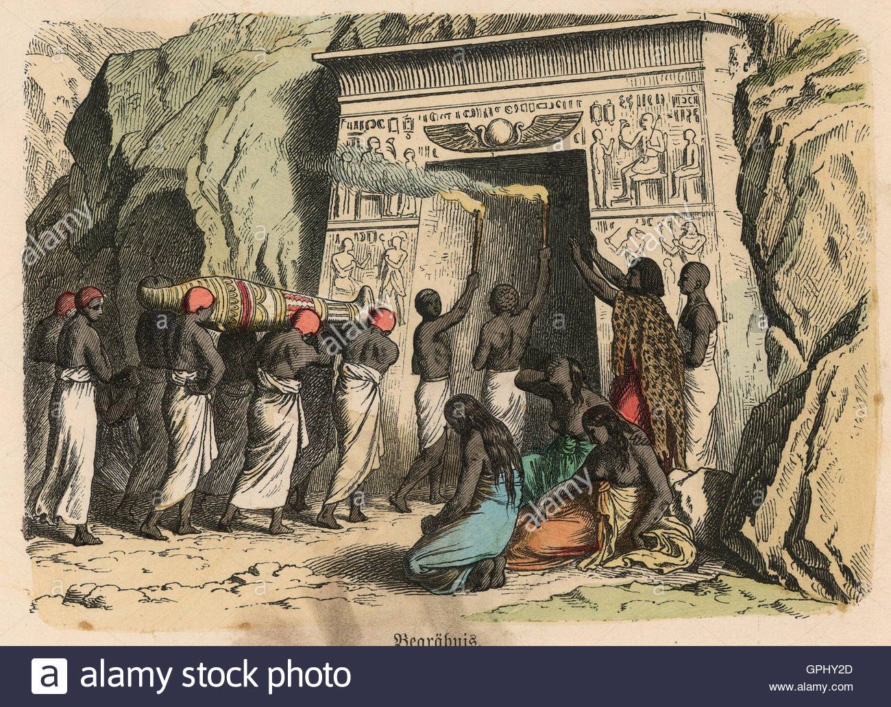 Ancient Egypt ritual funeral ceremony Coloured engraving by Stock