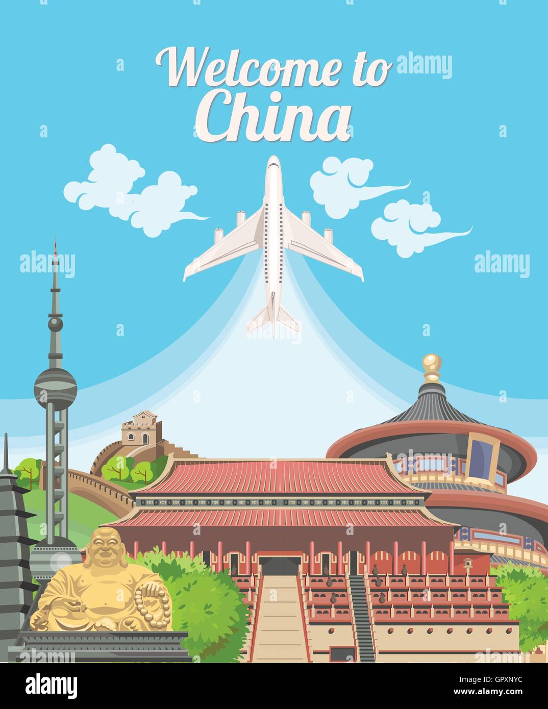 Welcome to China. Travel Chinese landmarks. Chinese vector icons Stock