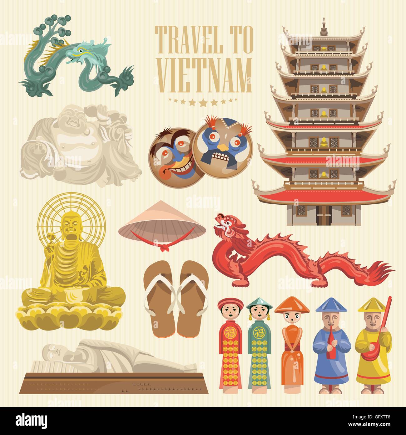 Travel to Vietnam. Set of traditional Vietnamese cultural symbols Stock