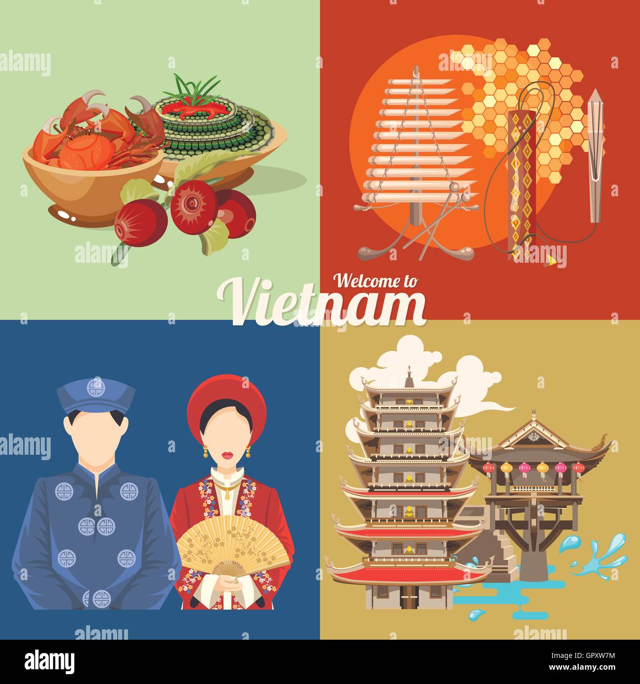 Travel to Vietnam. Set of traditional Vietnamese cultural symbols Stock