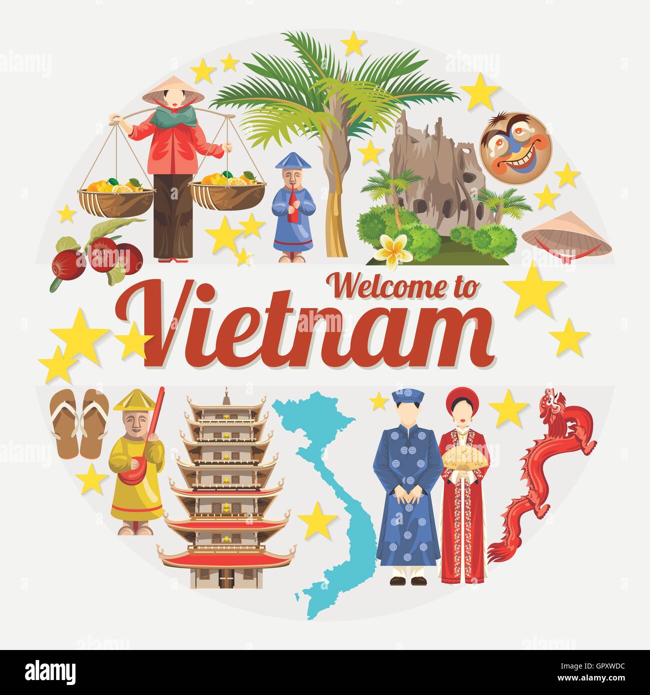 Travel to Vietnam. Set of traditional Vietnamese cultural symbols Stock