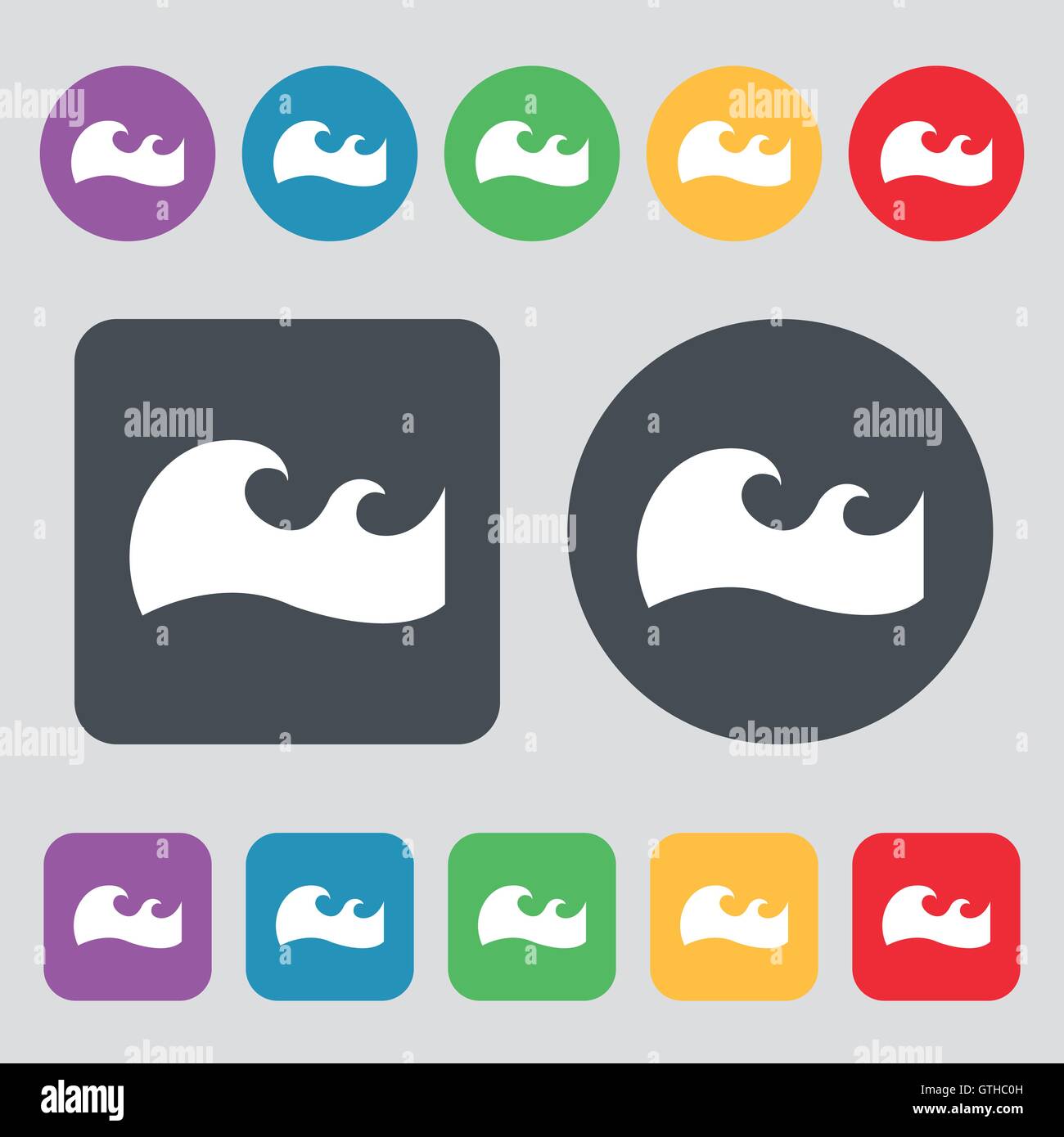 Waves Icon Sign A Set Of 12 Colored Buttons Flat Design Vector Stock