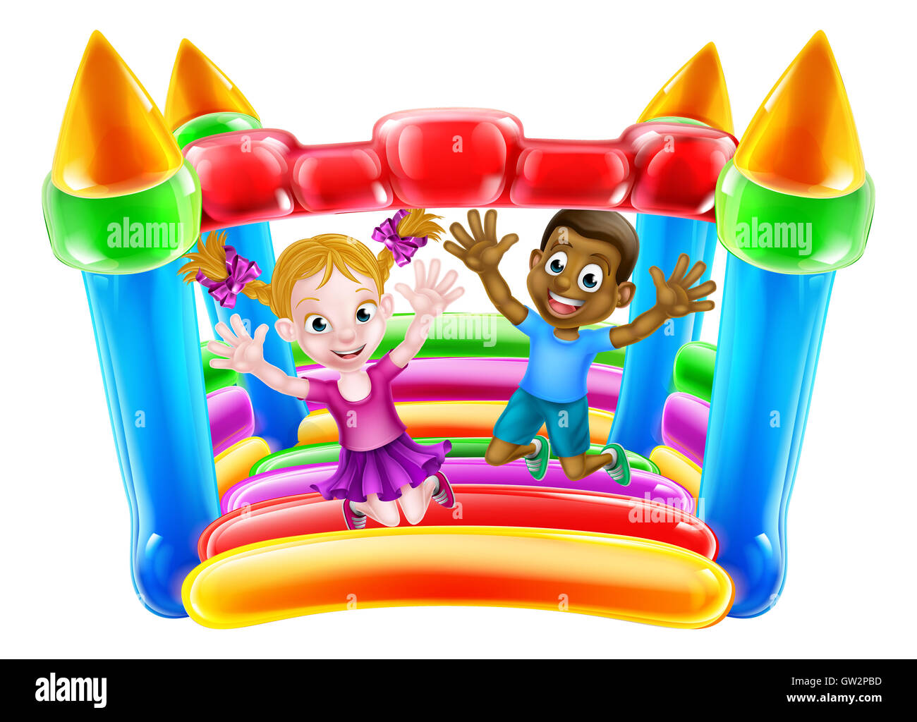 Cartoon kids Jumping on a bouncy castle Stock Photo, Royalty Free Image