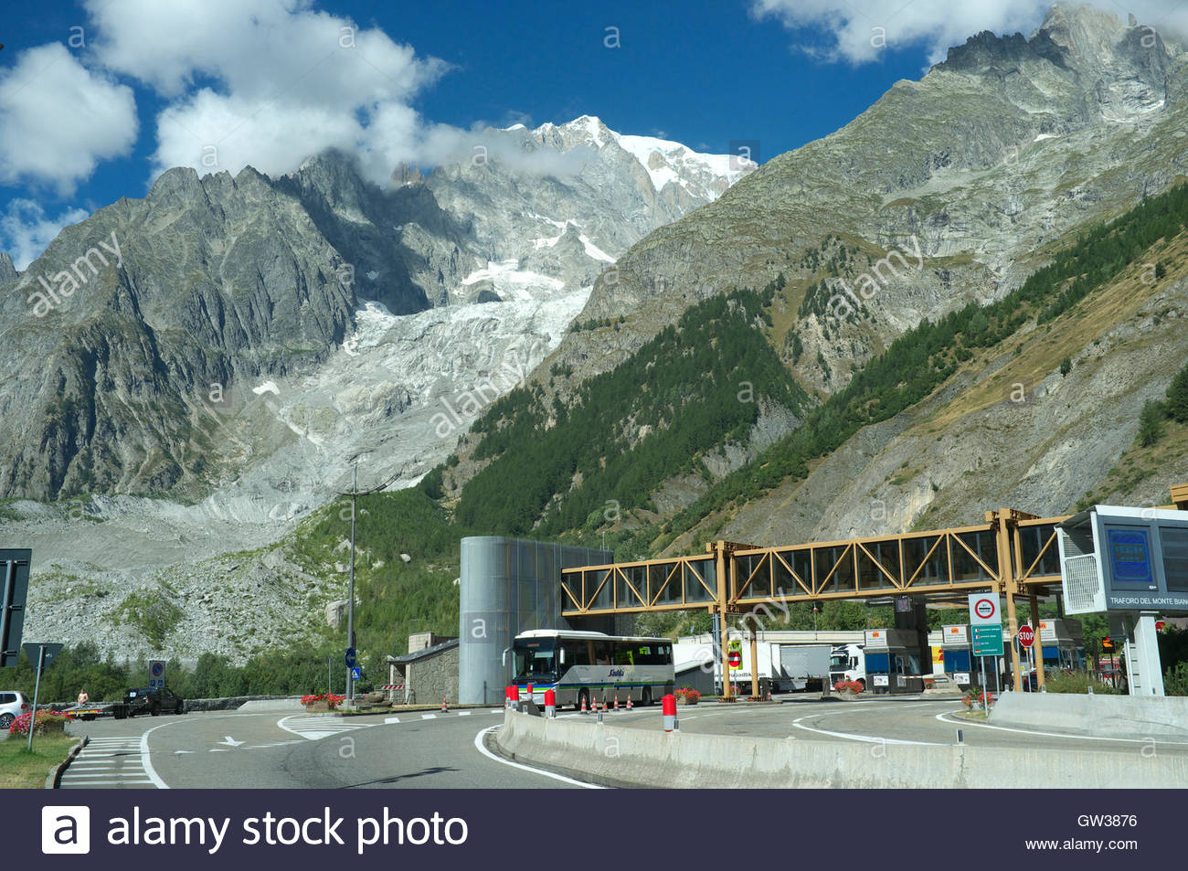 Mont Blanc Italian side of tunnel entry toll booths and exit Stock Photo, Royalty Free Image