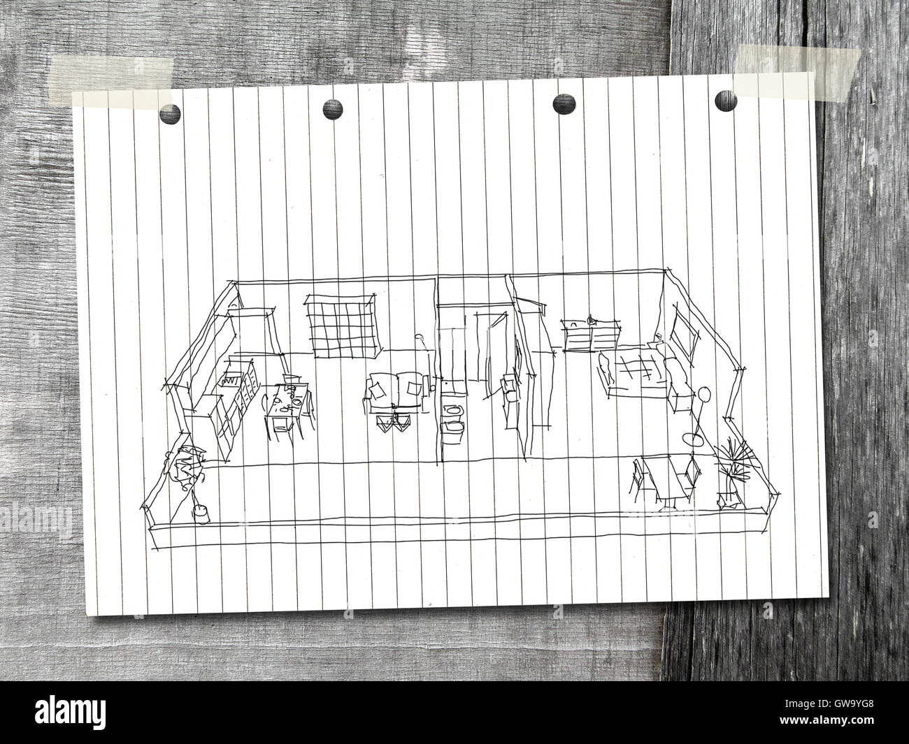 3d interior freehand sketch drawing of furnished home apartment on