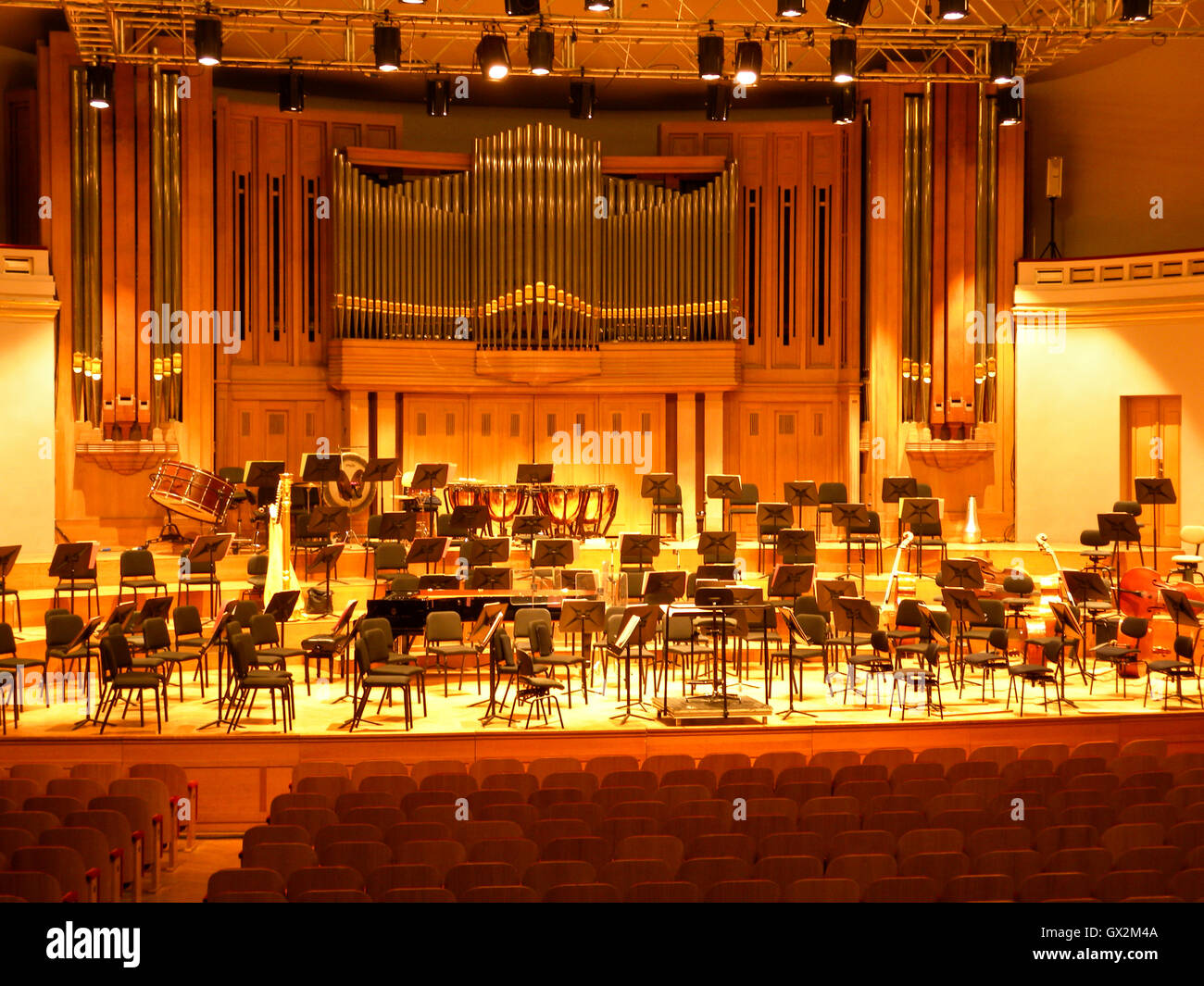 Empty stage in preparation for classical music concert Stock Photo