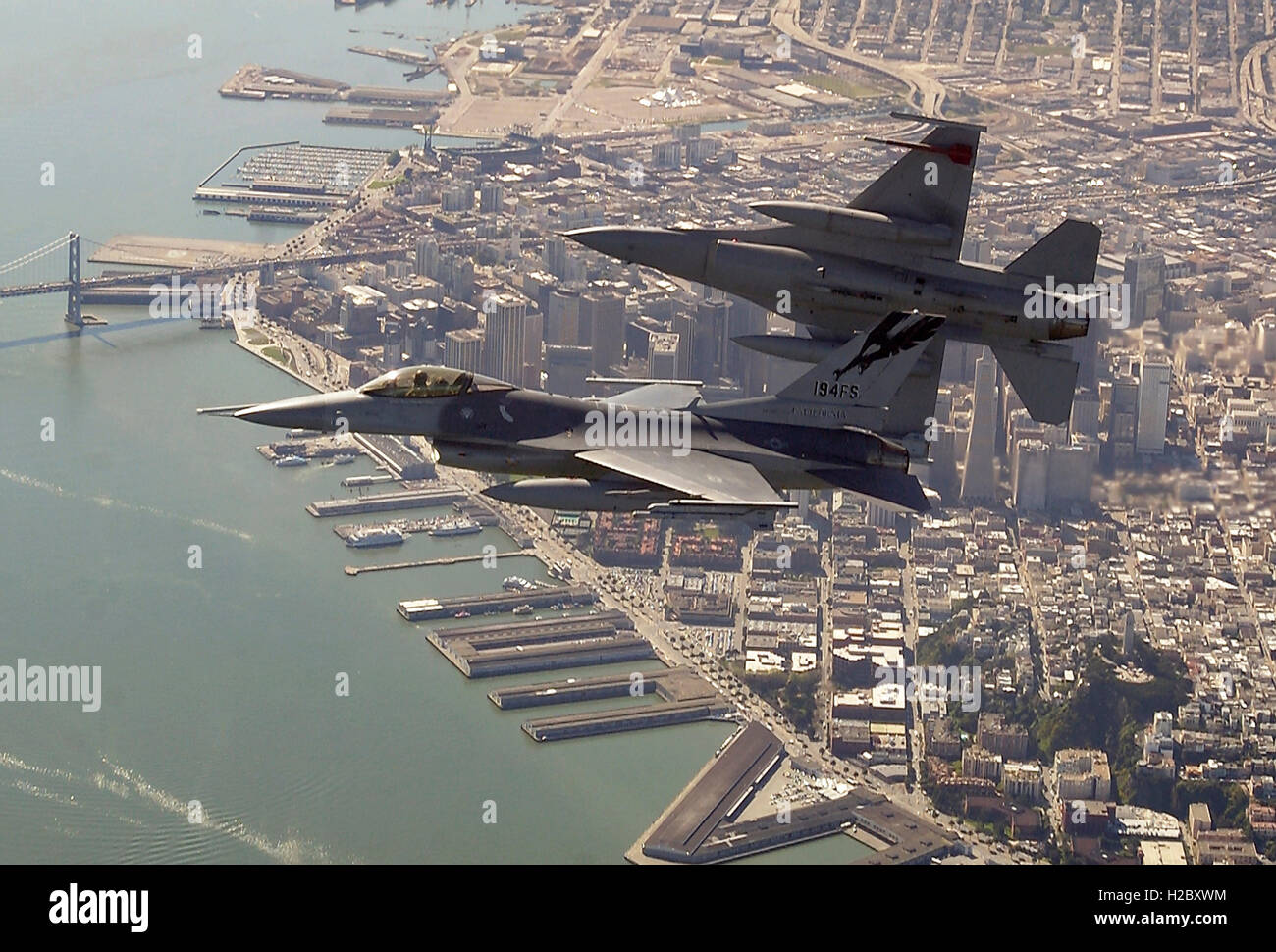 U.S. Air Force F16 fighter aircraft fly over the San Francisco Bay