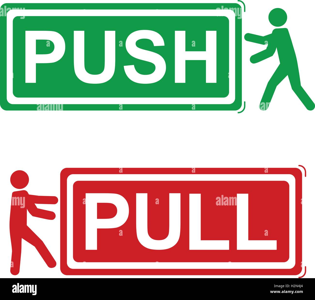 PUSH AND PULL SIGNS with man icon pushing or pulling, green and red Stock Vector Art