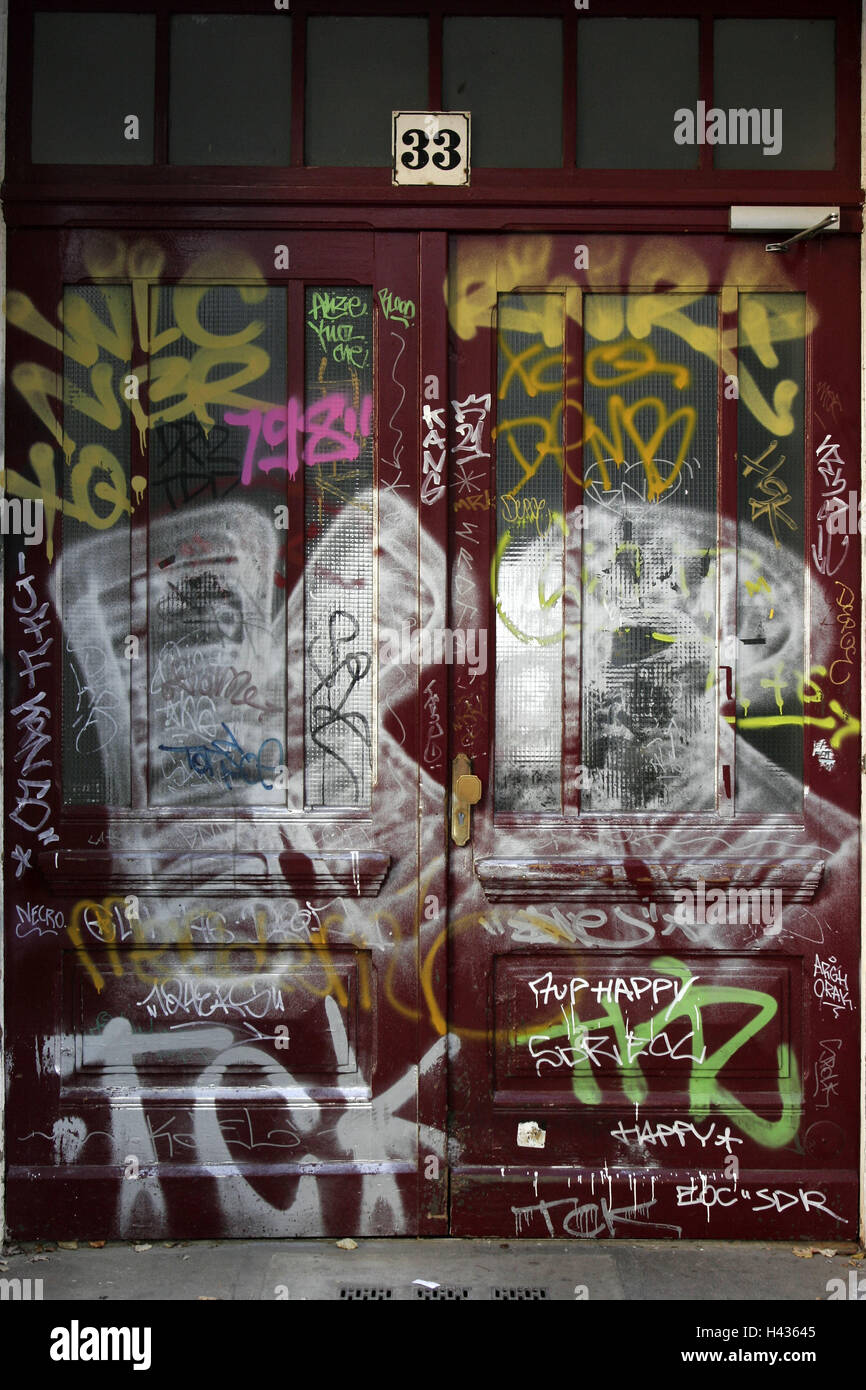 Door smears graffiti town house input entrance paints friedrichs grove berlin germany vandalism house number destruction