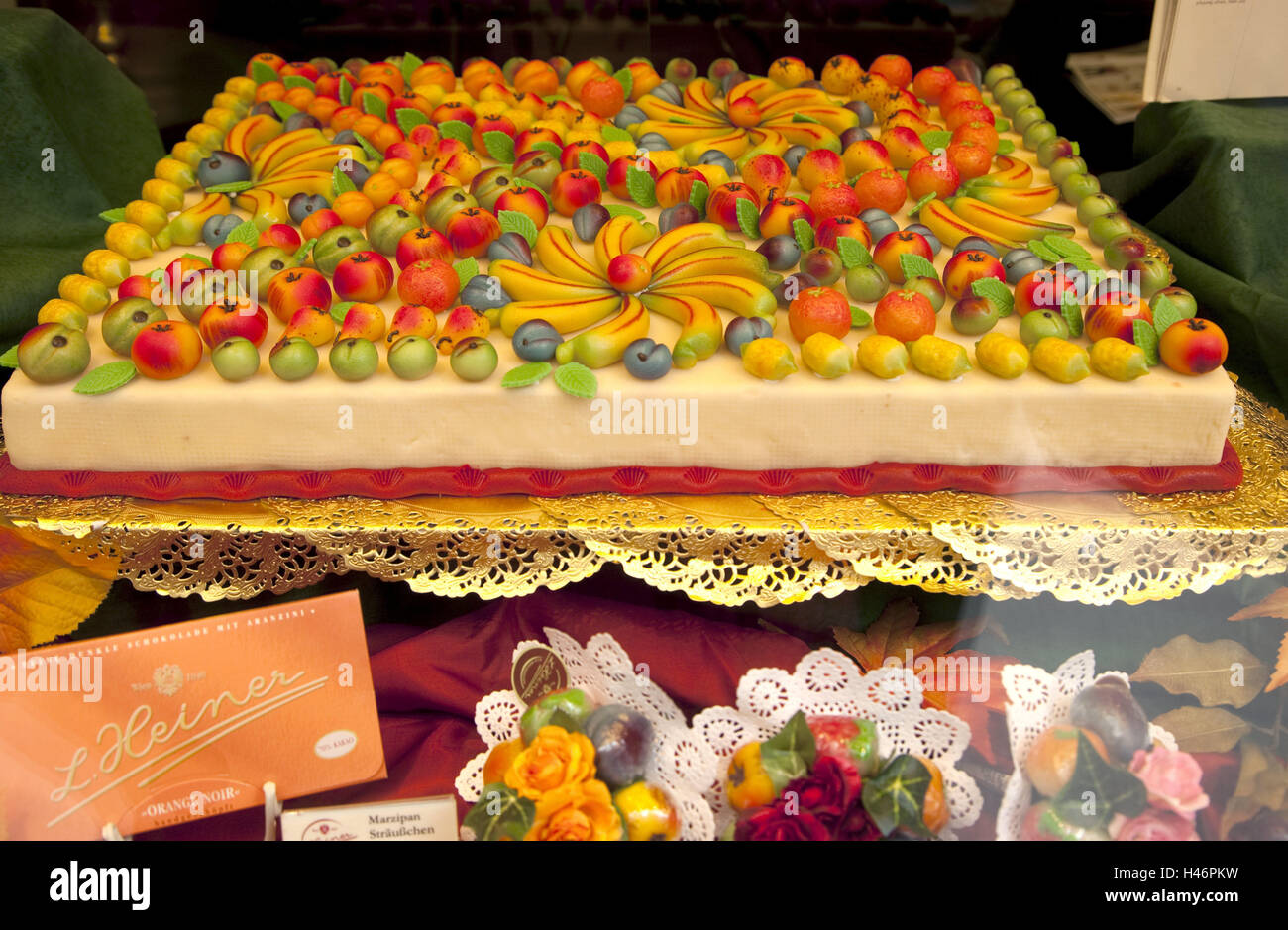 Marzipan fruits, cake, marzipan, fruits, interior shot Stock Photo