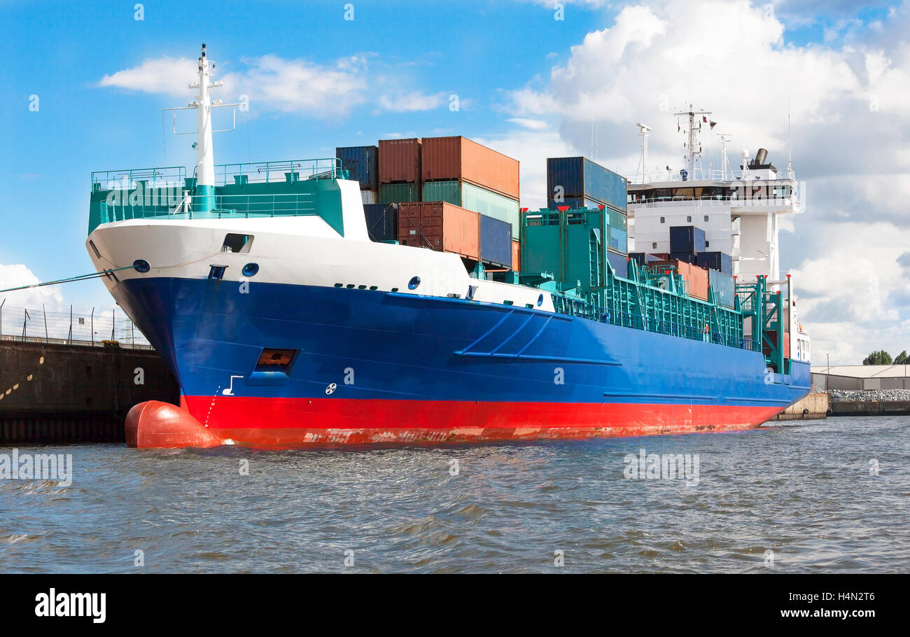 Feeder Container Ship, Loading at the Container Port Hamburg Stock Photo, Royalty Free Image