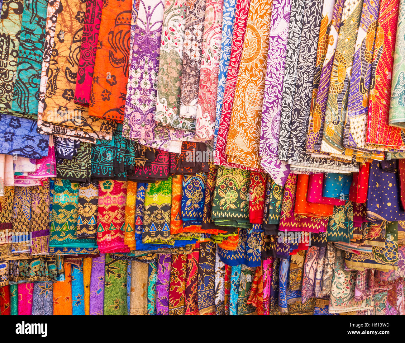 Colorful sarongs on sale in the market at Ubud in Bali, Indonesia Stock