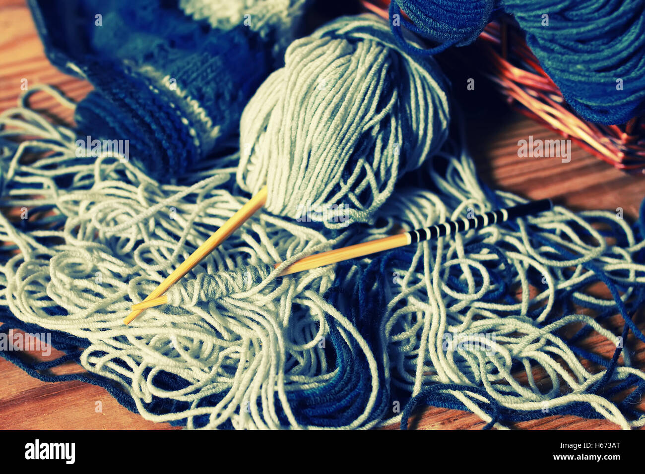 Toned Wool And Knitting Needles Stock Photo Alamy