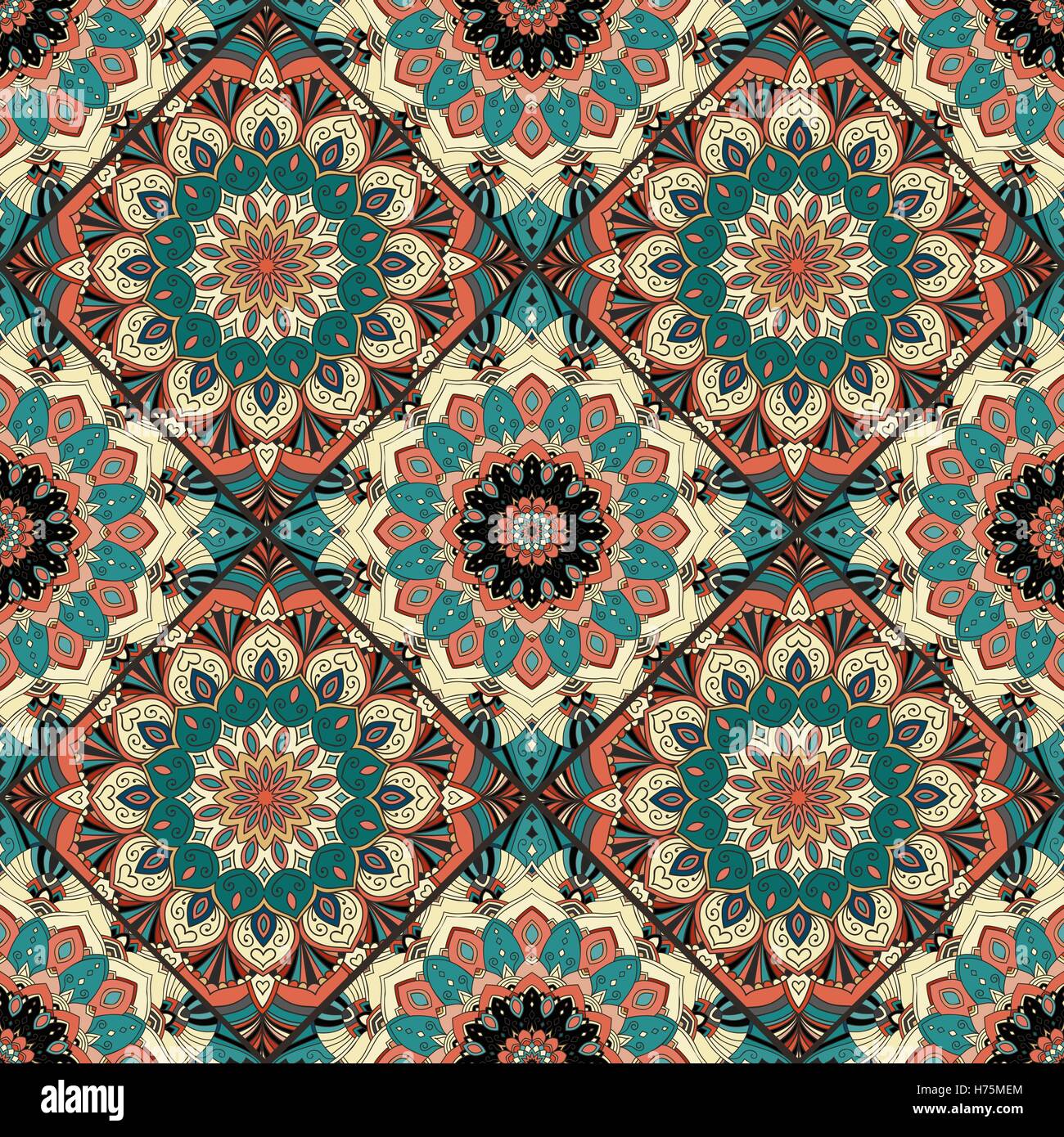 Bright Mandala Pattern. Seamless tile patchwork ornament. Intricate