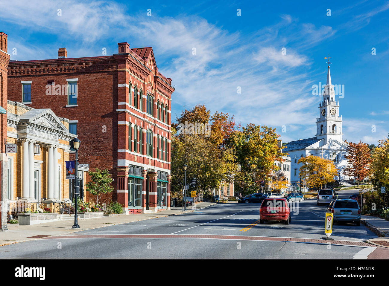 Charming downtown Middlebury, Vermont, USA Stock Photo, Royalty Free