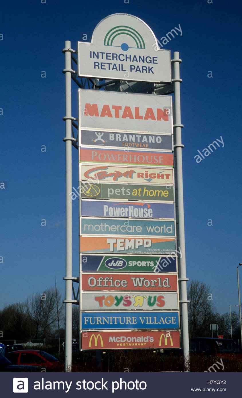 Notice board at retail park showing shops trading on site Stock Photo