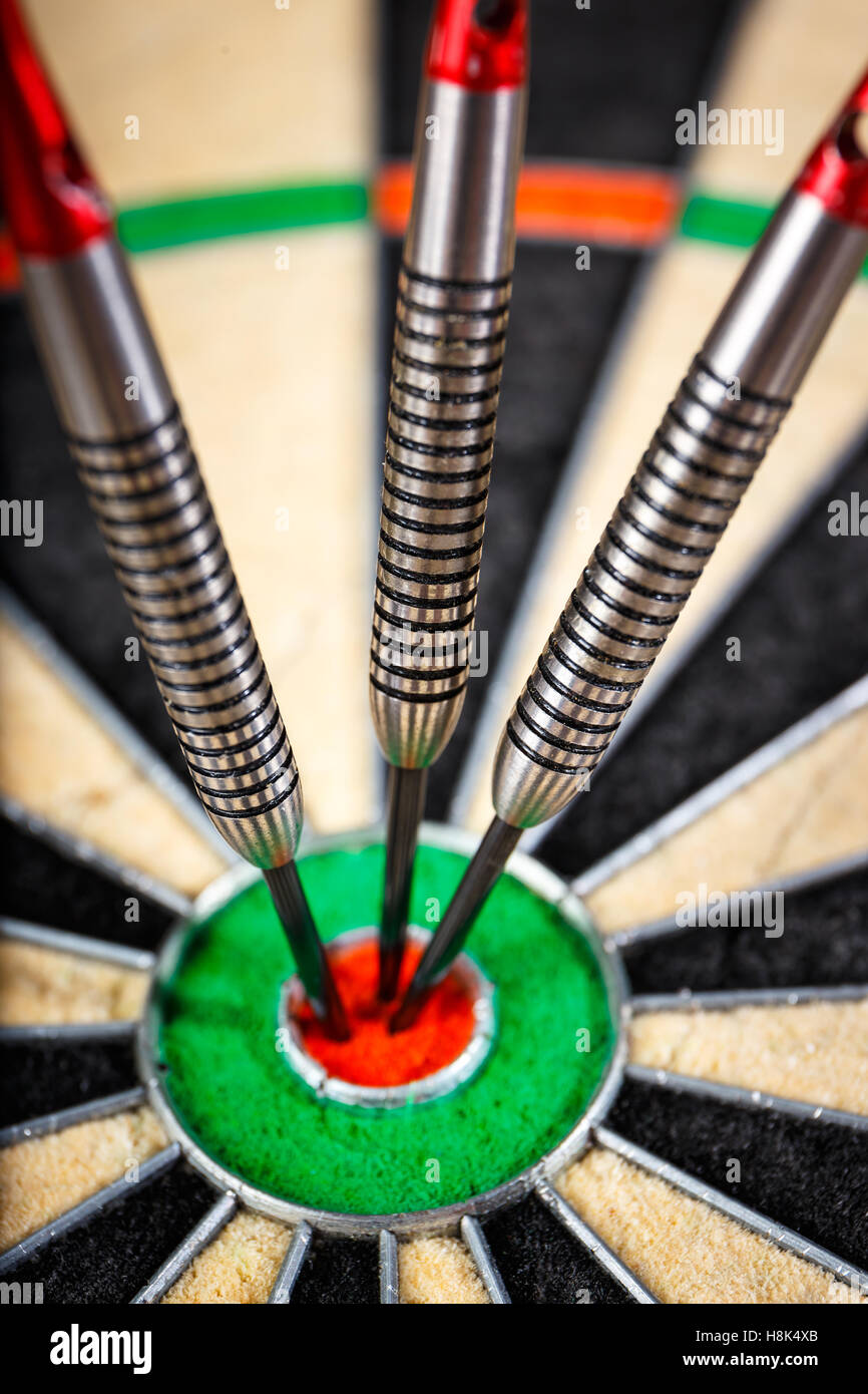 Three Darts In Bull S Eye Close Up Stock Photo Alamy