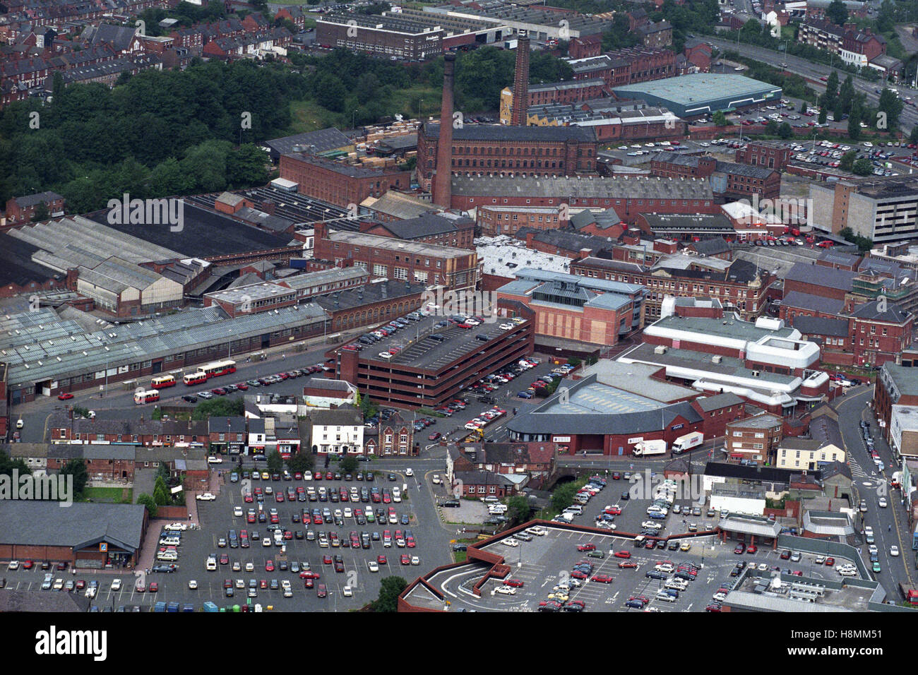 Aerial view of Kidderminster Town Centre and old carpet factories UK