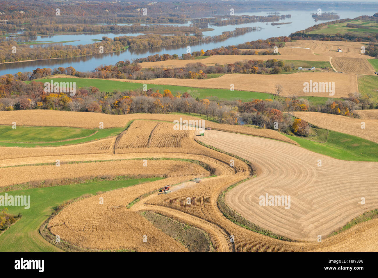 Aerial view of harvested farm fields and woods in northeast Iowa Stock