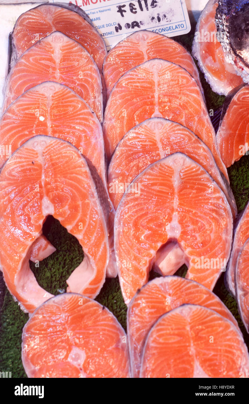 Display of salmon steaks in fish market Stock Photo, Royalty Free Image