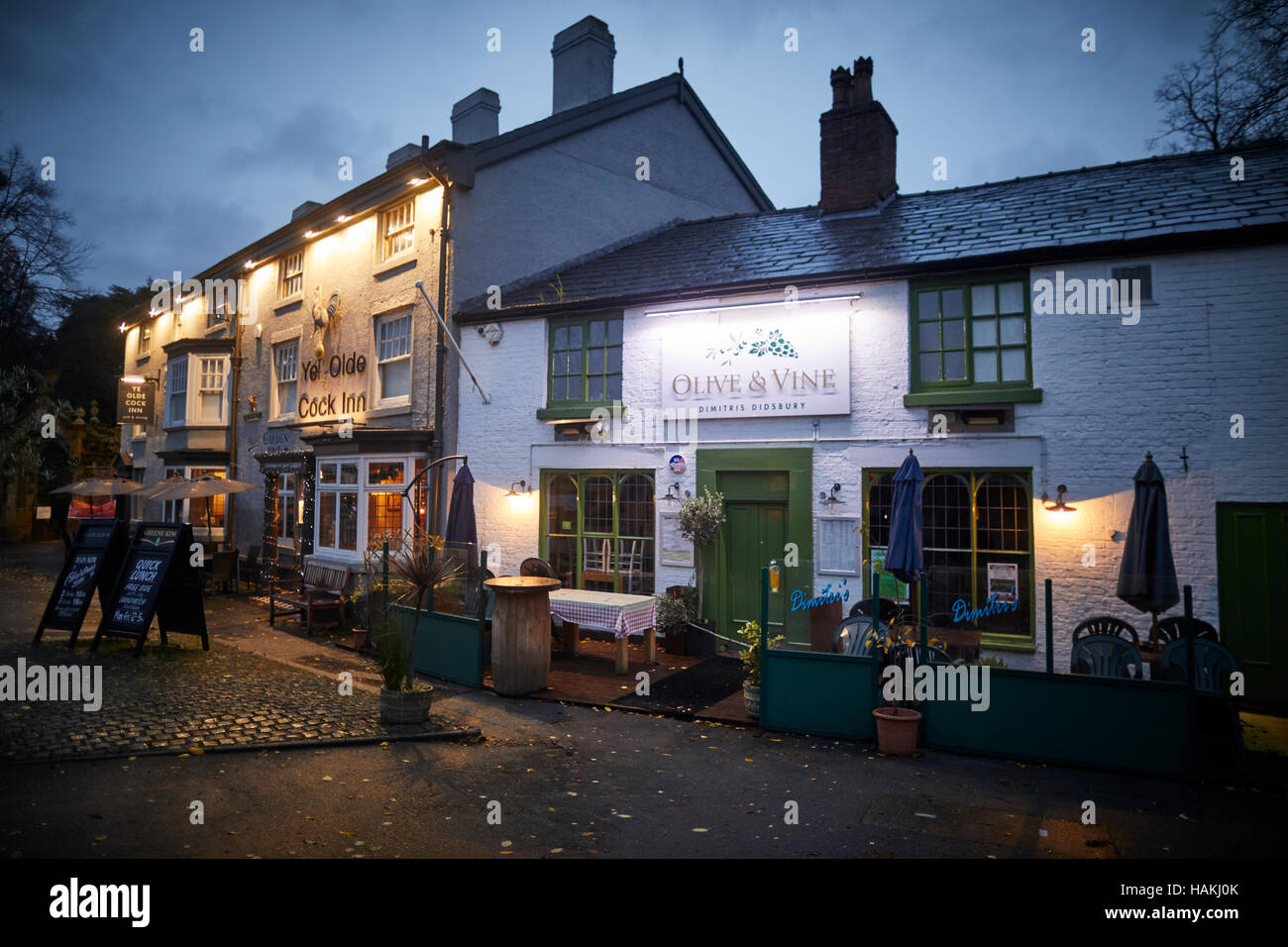 Manchester Didsbury pubs night exterior Traditional dusk twilight Stock Photo, Royalty Free
