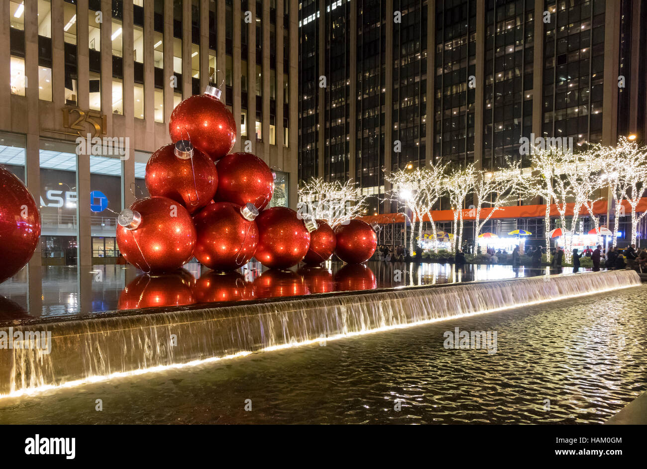 Giant red Christmas tree balls display on Sixth Avenue in New York