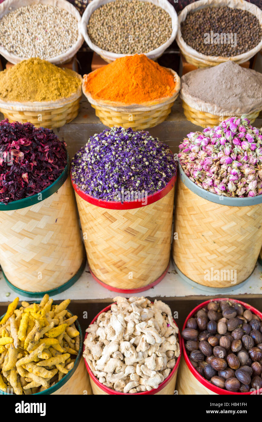 Spices and dried fruits at the market souk in Dubai. UAE Stock Photo