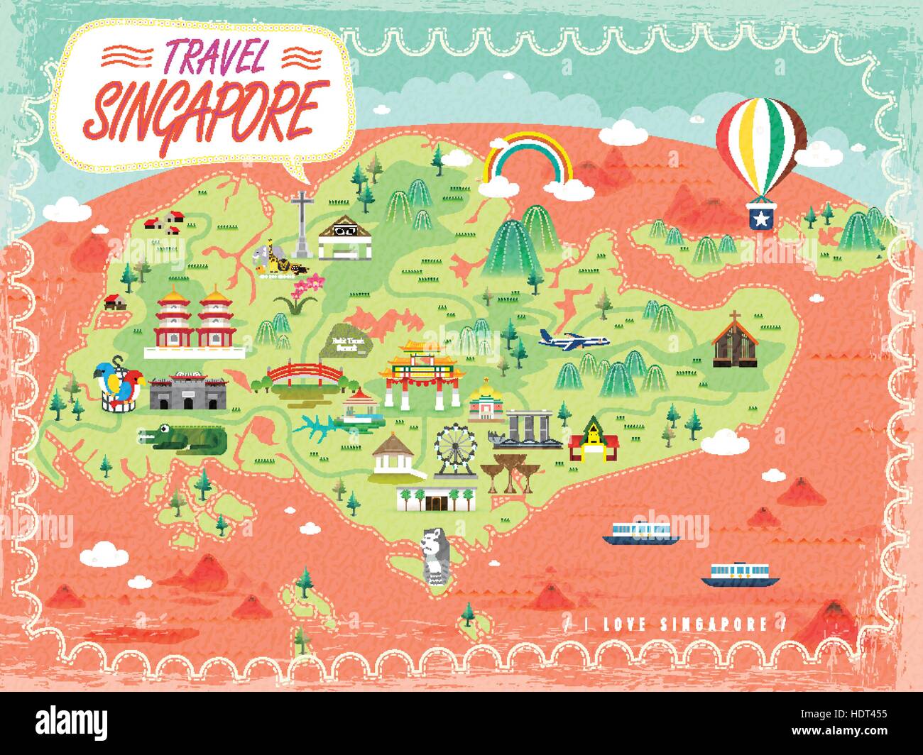 singapore travel map with lovely attractions in flat design HDT455