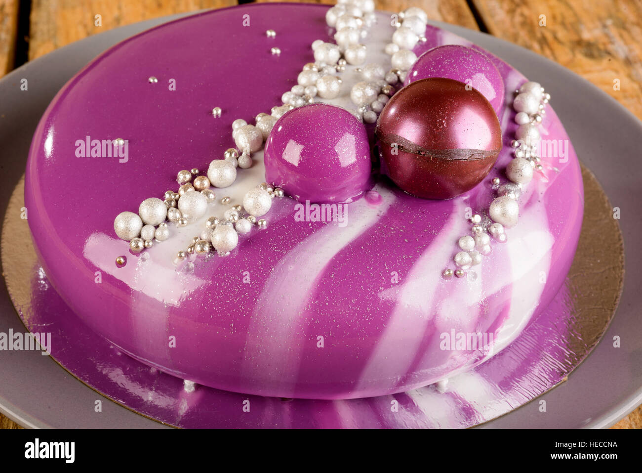 Purple Mousse Cake With Mirror Glaze With Blackberries Blueberries And