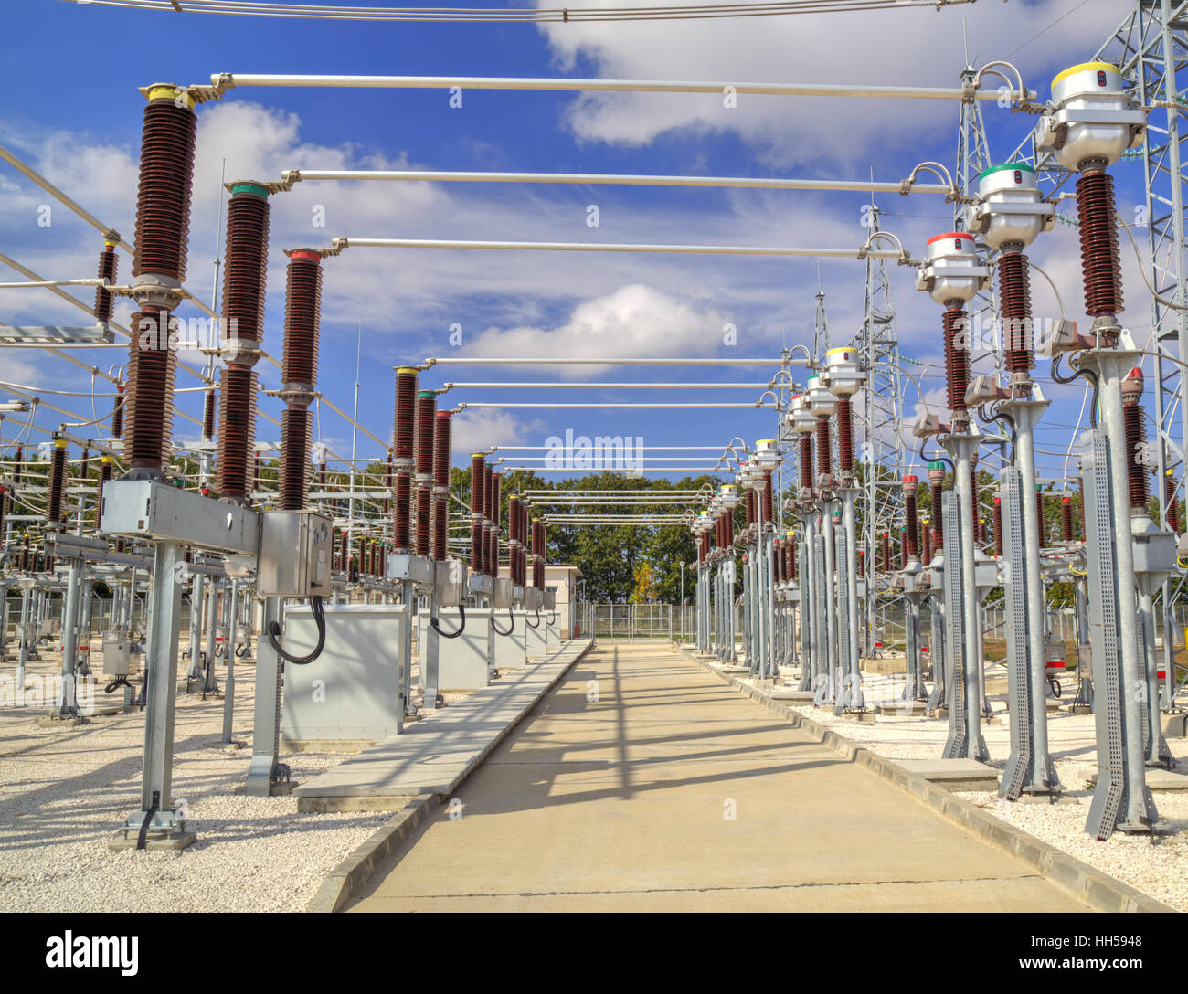 High Voltage Switchyard In Modern Electrical Substation Stock Photo