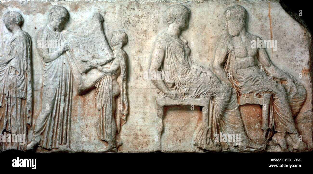 Athena and Hephaestus; Fig. 402 Maidens and Stewards, Marble. 447