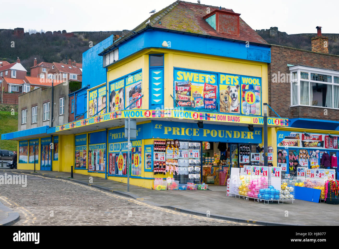 "Price Pounder" cheap goods shop on Scarborough Sea Front Stock Photo