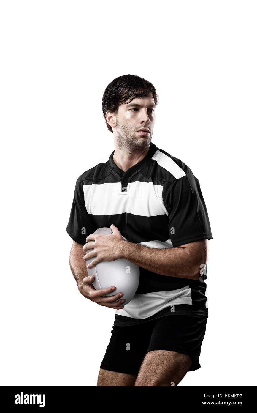 Rugby Player In A Black And White Uniform White Background Stock Photo