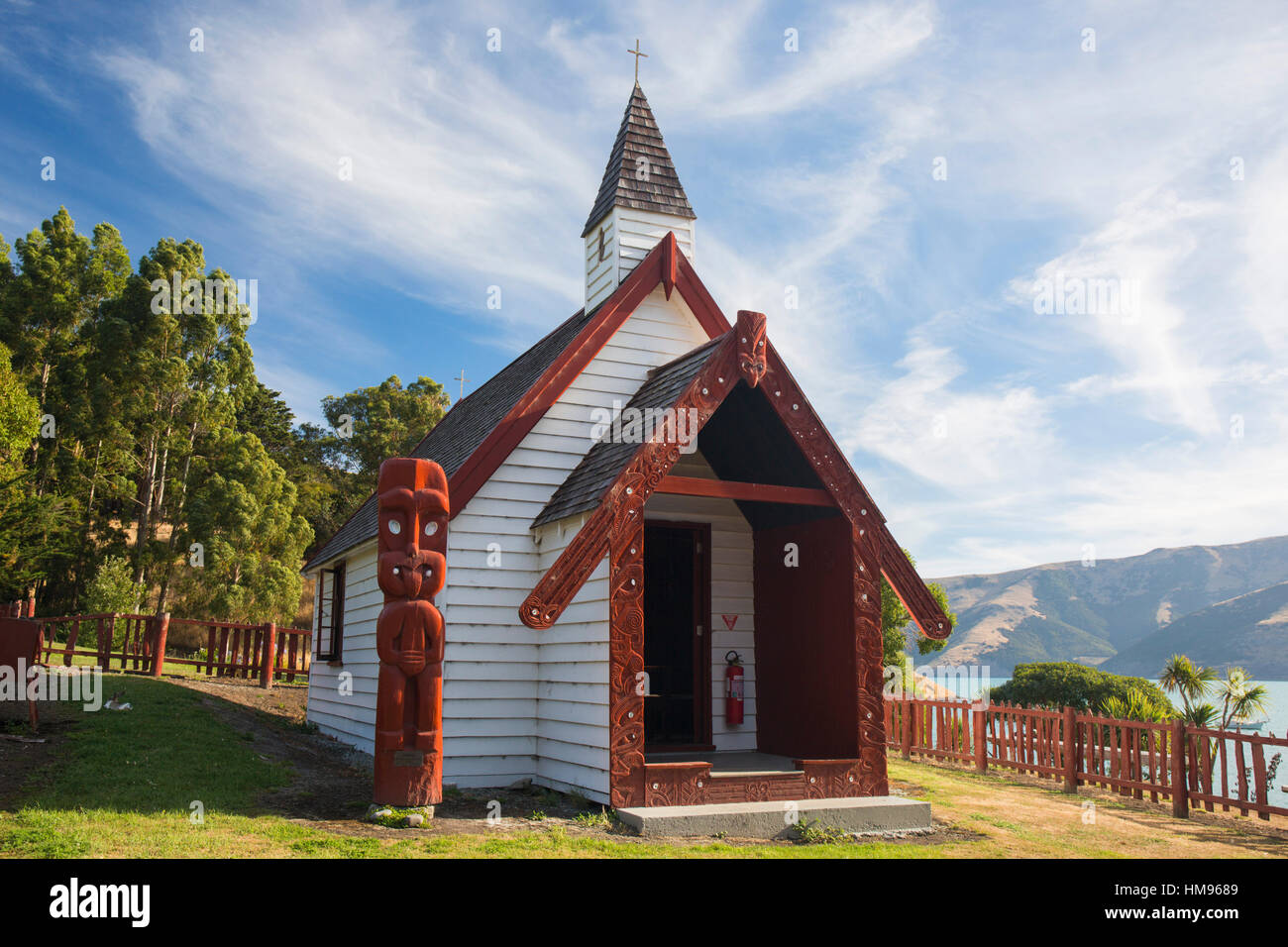 Historic Maori church on hillside above Akaroa Harbour, Onuku, near