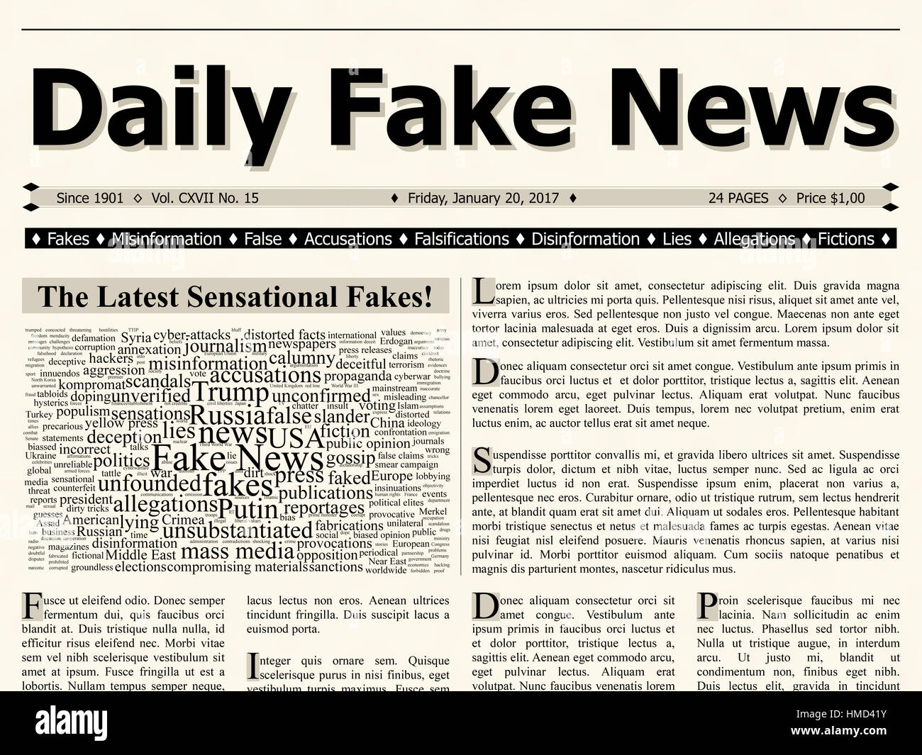 Front page of daily fake news mainstream newspaper title headline Stock